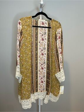 Rewind Boho Floral Print Cover-Up in Mustard, Rust, and Cream w Lace Trim - XXL